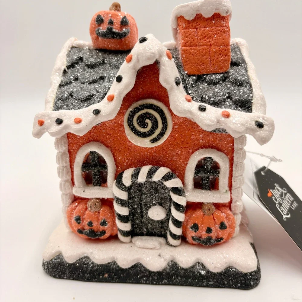 Jack O Lantern LED Lane Halloween Gingerbread House Orange Black Glitter Decor